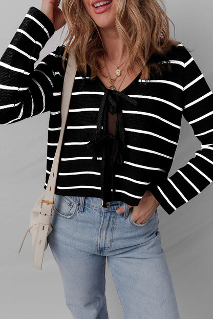 Black Stripe Tie Front Striped Knit V Neck Cardigan Sweater
