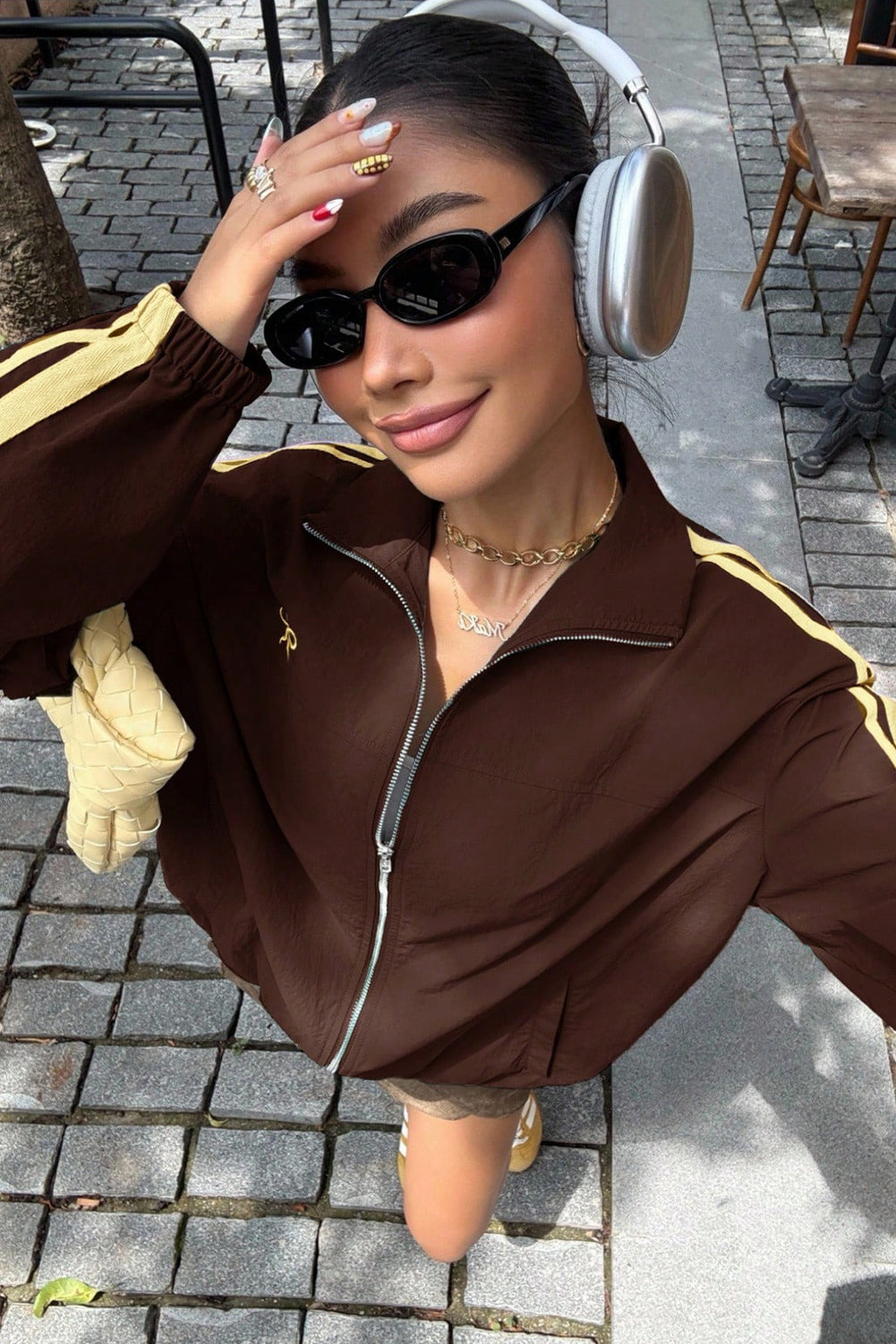 Coffee Bow Embroidered Detail Zip Up Sweatshirt Womens Jacket