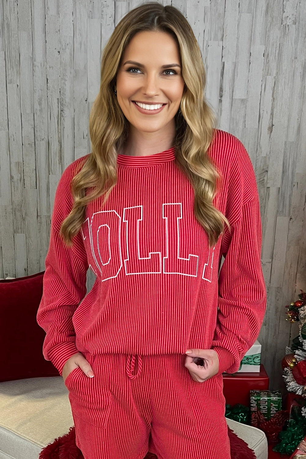 Racing Red Twisted Rib Outlined Merry Letter Graphic Loose Long Sleeve Top