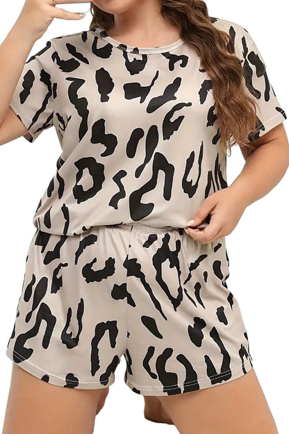 Taupe Leopard Print Plus Size Lounge Set with Tee and Shorts