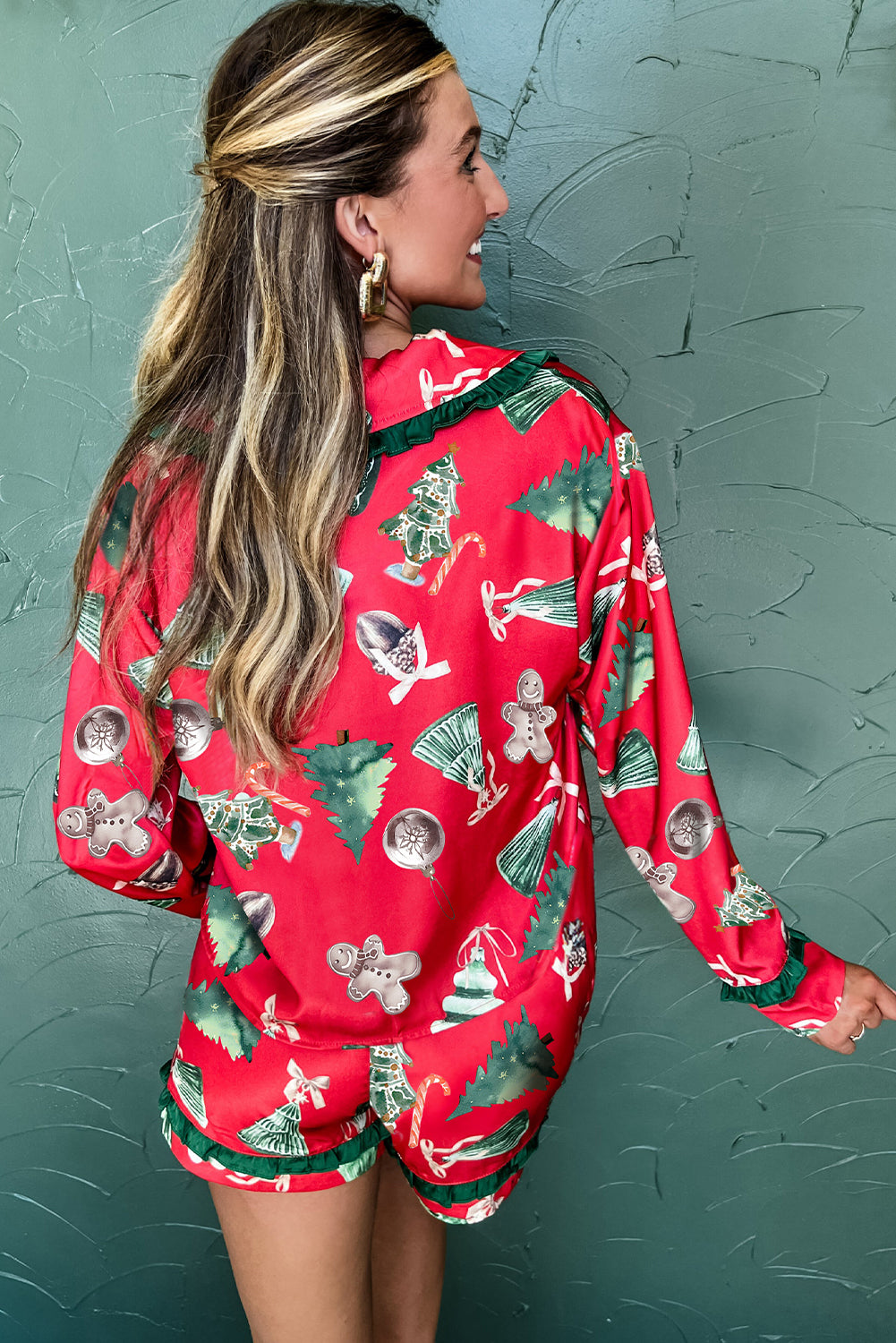 Red Christmas Fashion Print Contrast Ruffle Trim Ribbon Bow Knot 2pcs Pajama Set