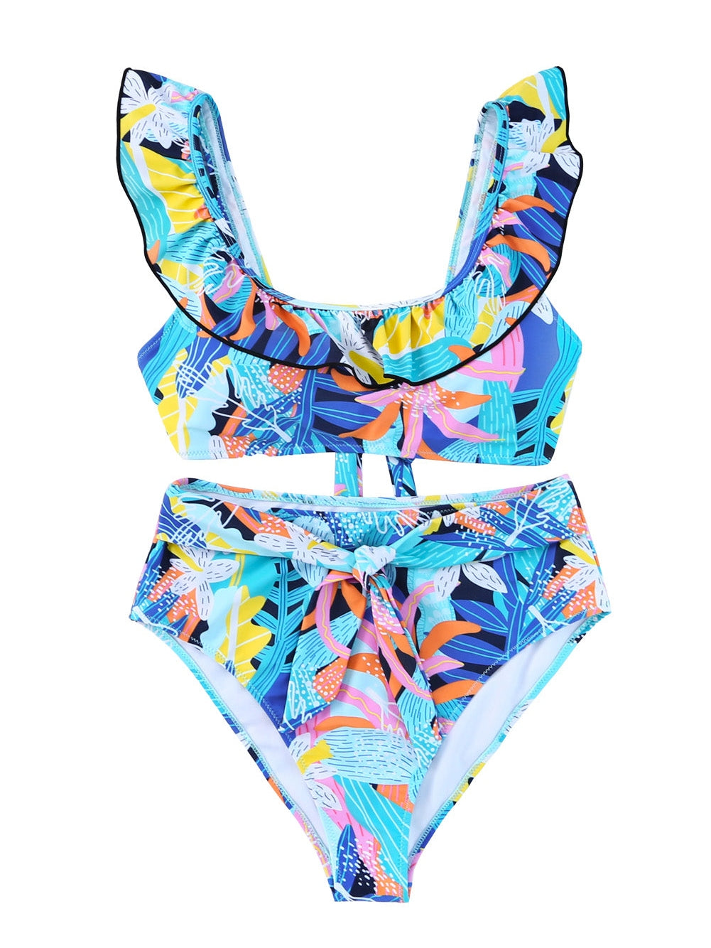 Green Floral Ruffle Square Neck High Waist Bikini Set