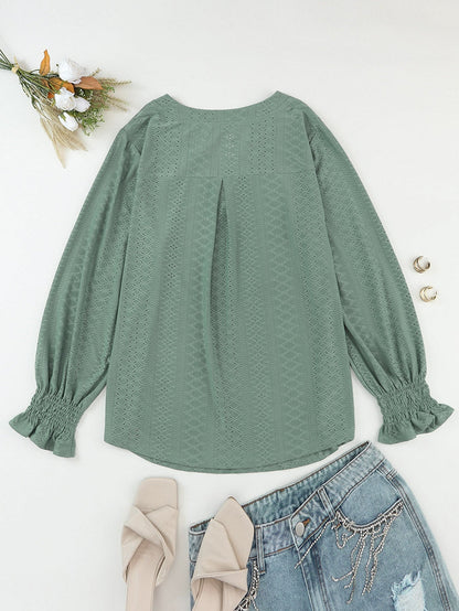 Green Eyelet Jacquard Split Neck Flounce Sleeve Plus Size Blouse