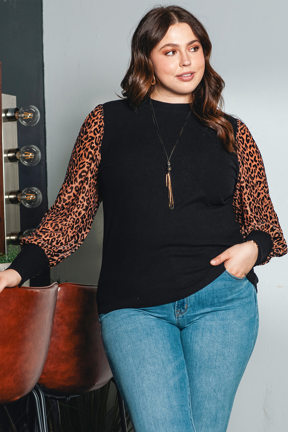 Leopard Print Mock Neck Ribbed Knit Top for Plus Size Women