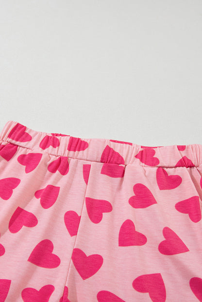 Heartfelt Pink Valentine's Day Lounge Set with Heart Print Top and Shorts