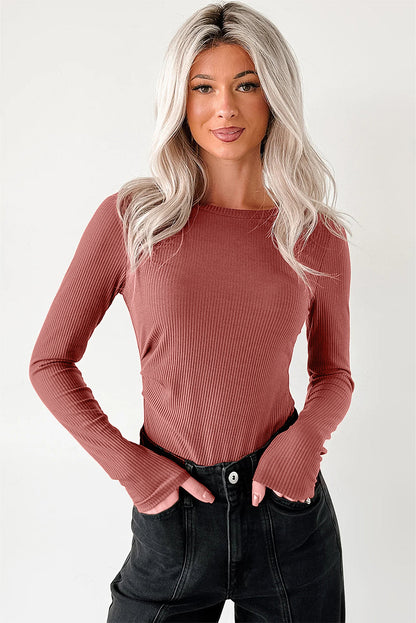 Mineral Red Ribbed Long Sleeve Crew Neck Solid Color Bodysuit