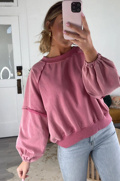 Coral Elastic Cuffs Balloon Sleeve Raw Seam Patchwork Sweatshirt