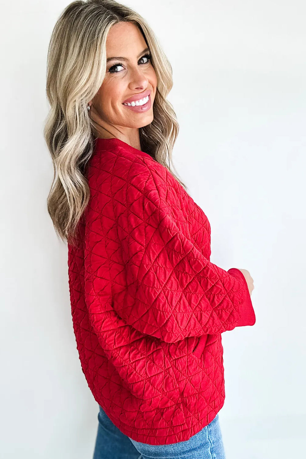 Fiery Red Quilted Texture Loose 3/4 Sleeve Top