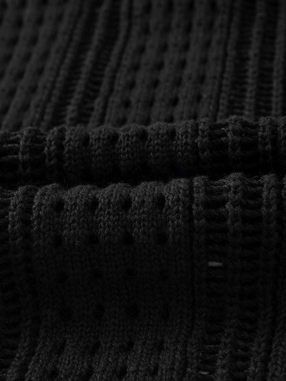 Boho Black Crochet Beach Dress with Drawstring & Hollow-out Detail