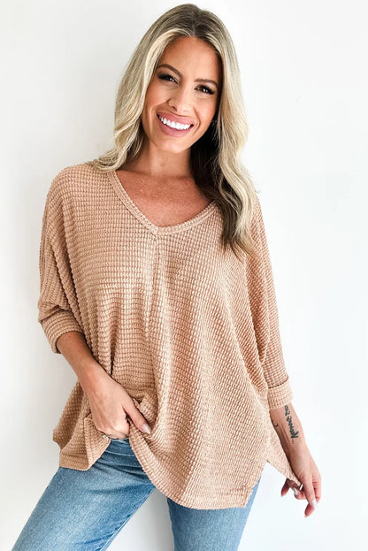 Light French Beige 3/4 Sleeve Textured Knit V Neck Loose Top