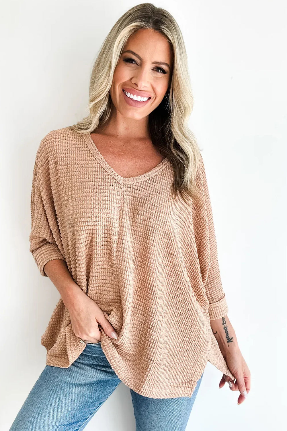 Light French Beige 3/4 Sleeve Textured Knit V Neck Loose Top