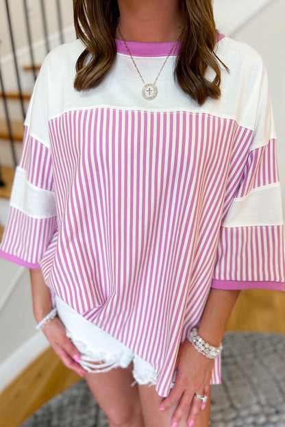 Pink Striped Patchwork Plus Size T-Shirt with Bracelet Sleeves