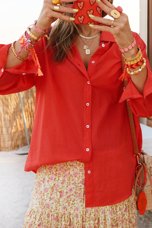 Tomato Red Button Cuffs Solid Color Shirt
