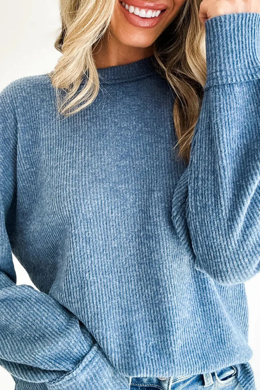 Dusk Blue Solid Color Ribbed Knit Raw Seam Long Sleeve Top