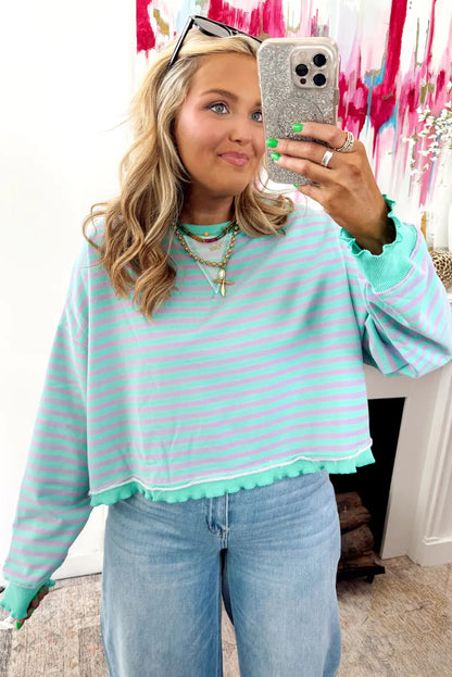 Green Stripe Exposed Seam Contrast Ribbed Trim Oversize Sweatshirt