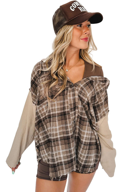 Khaki Plaid Patch Hooded Frayed Shacket
