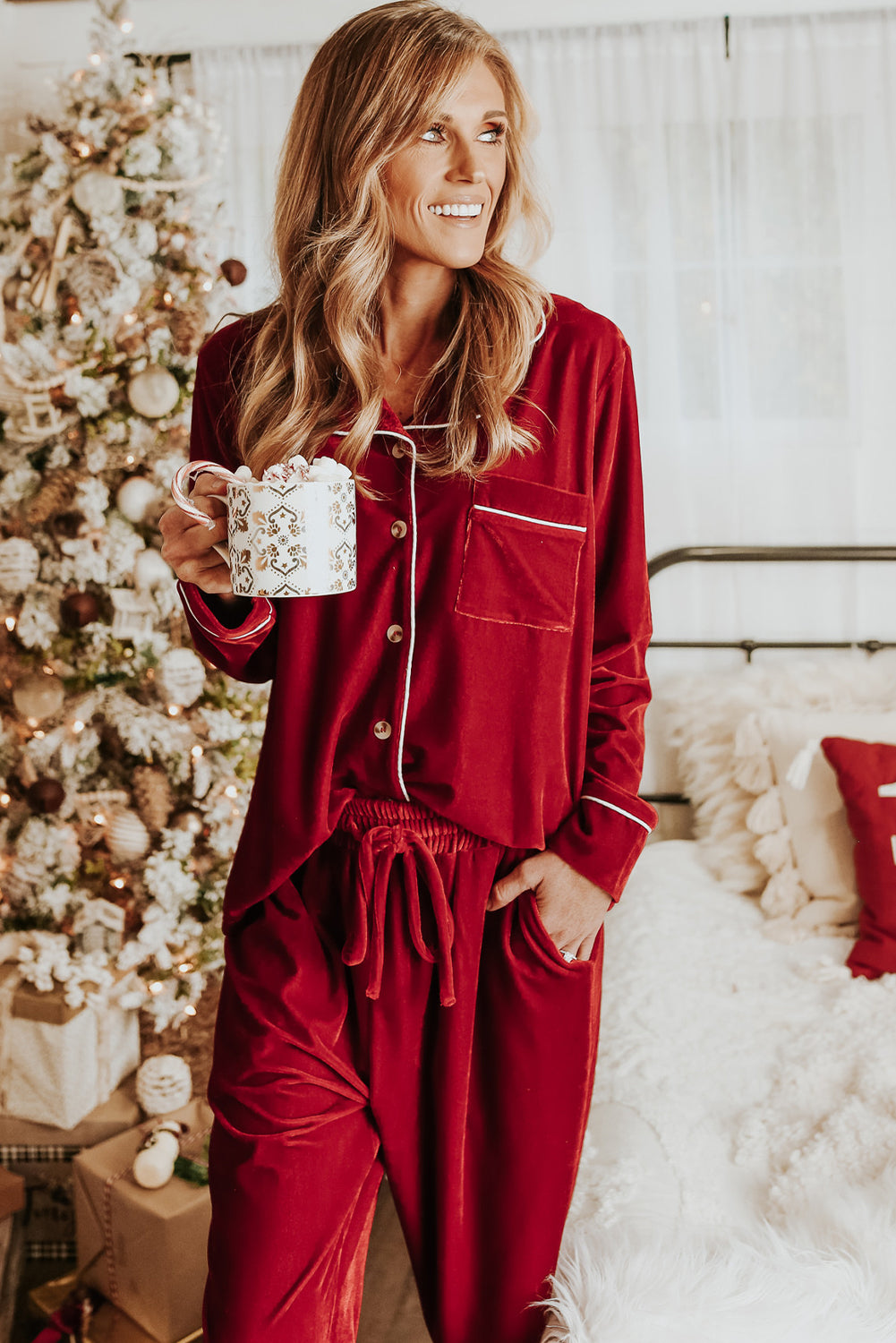 Racing Red Velvet Contrast Piping Trim Long Sleeve Shirt Drawstring Waist Pajama Set