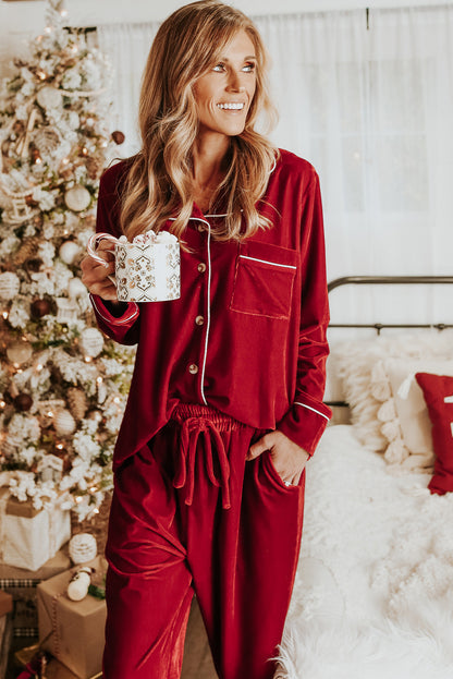 Racing Red Velvet Contrast Piping Trim Long Sleeve Shirt Drawstring Waist Pajama Set