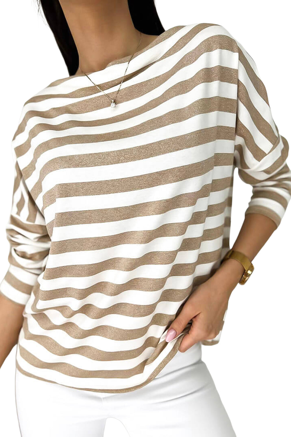 Khaki Boat Neck Striped Long Sleeve Top