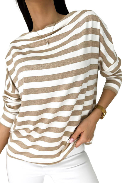 Khaki Boat Neck Striped Long Sleeve Top