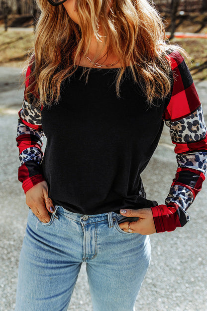 Elegant Black Off Shoulder Plaid & Leopard Long Sleeve Blouse