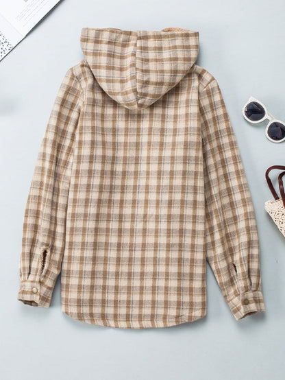 Khaki Checkered Sherpa-Lined Hooded Shacket