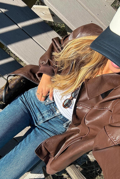 Coffee Faux Leather Zip Up Oversize Retro Jacket