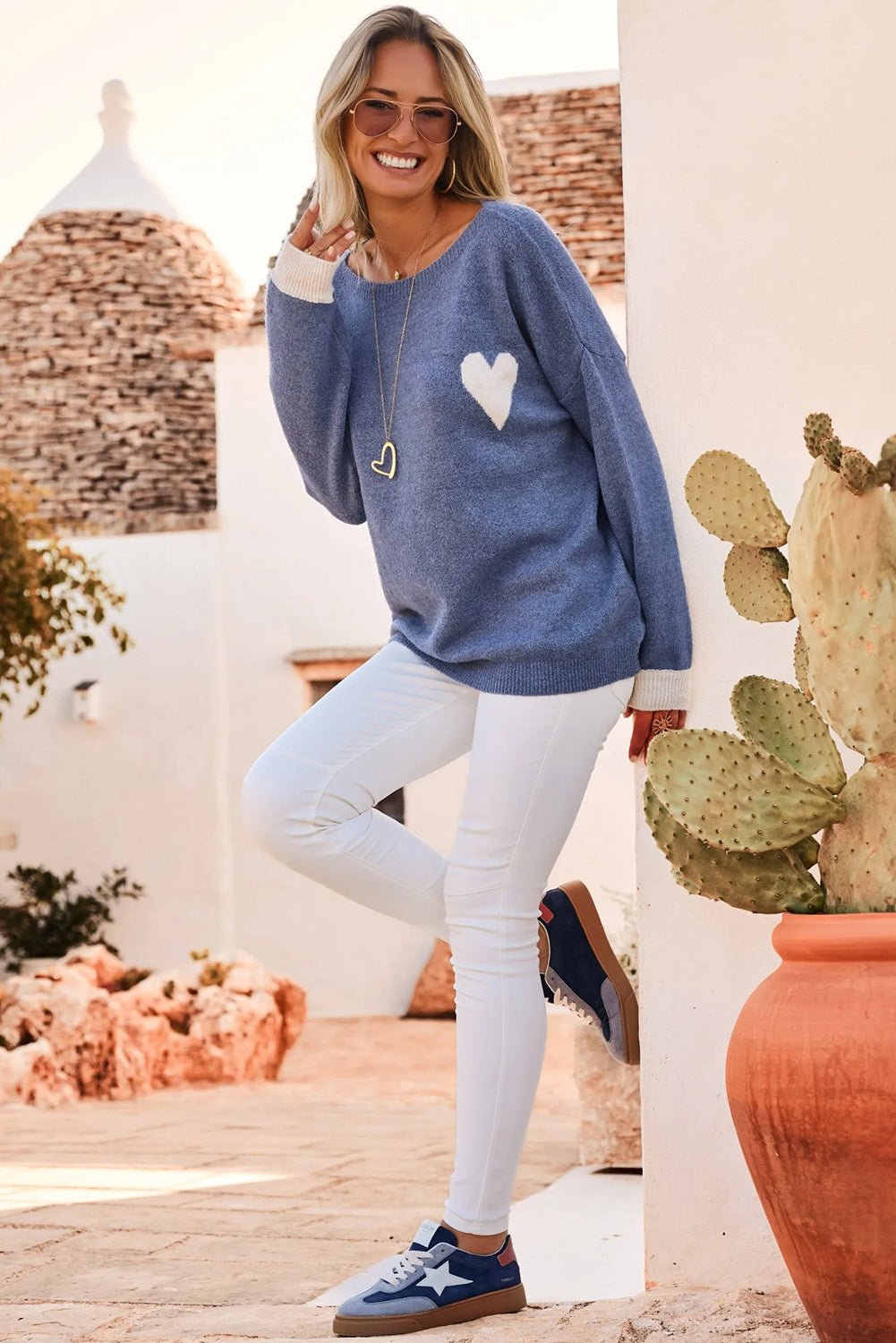 Ashleigh Blue Heart Chest Contrast Cuffs Baggy Sweater