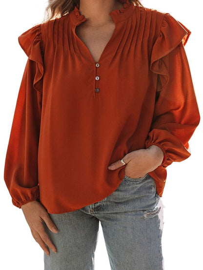 Elegant Brown V-Neck Ruffle Pleated Blouse
