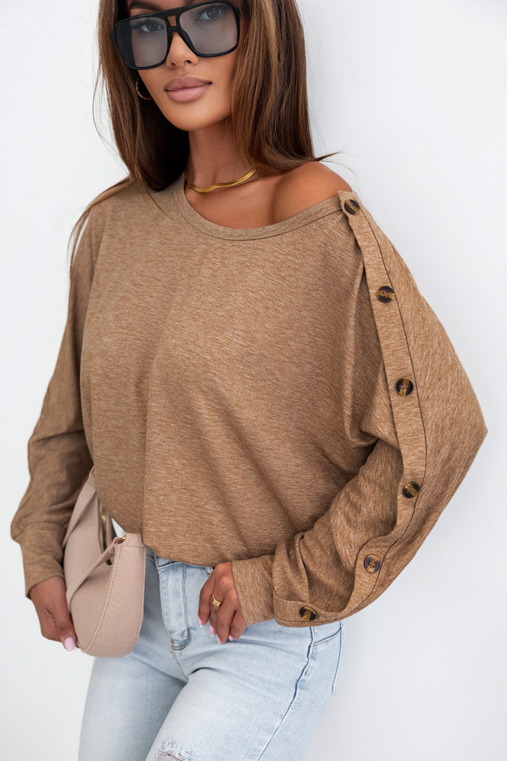 Elegant Khaki Dolman Sleeve Top with Button Detail