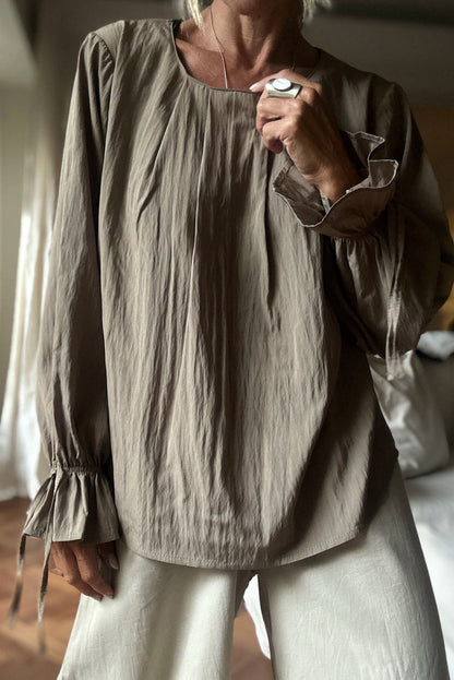 Laurel Green Pleated Round Neck Flounce Long Sleeve Blouse