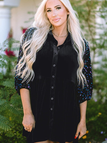 Elegant Black Velvet Peplum Shirt with Sequin Detail