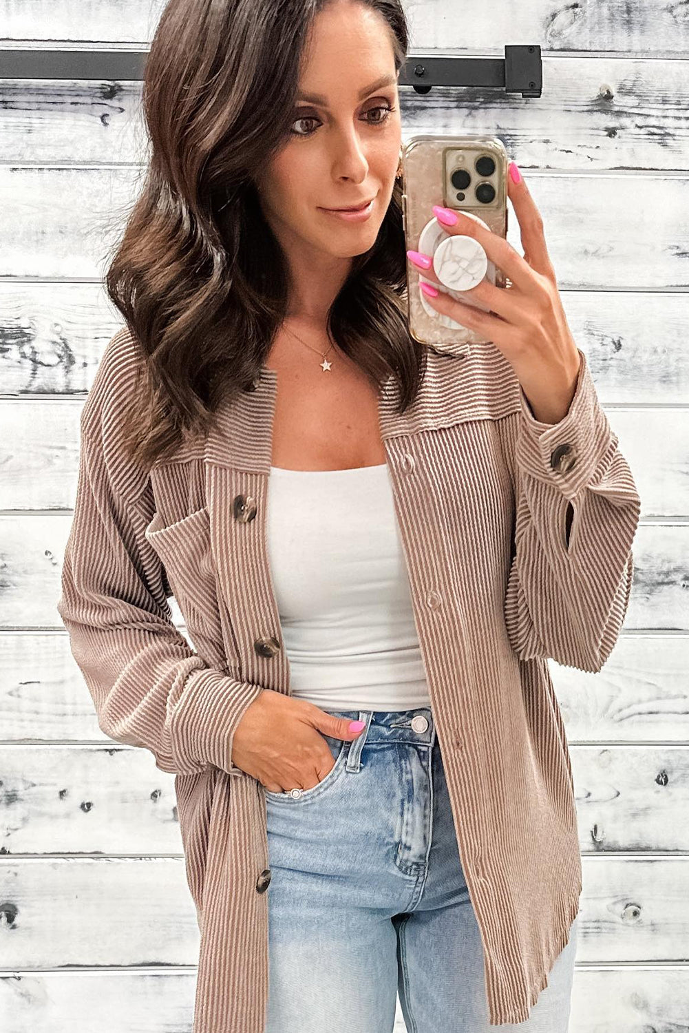 Smoke Gray Twisted Ribbed Button Down Single Chest Pocket Casual Shacket