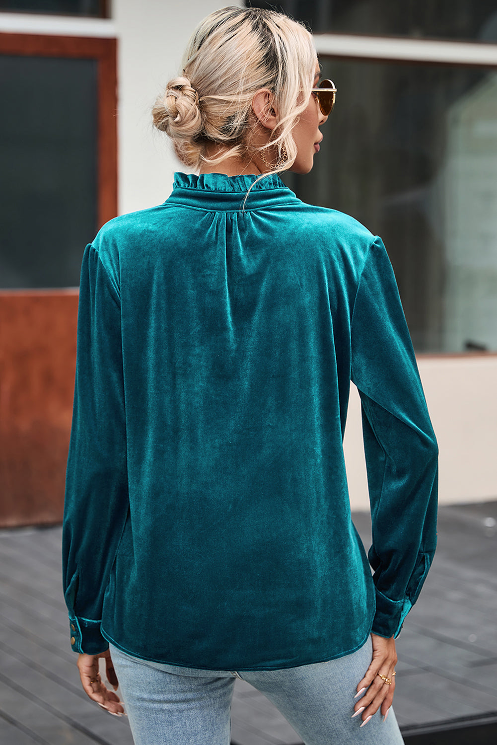 Frilled Neck Green Velvet Top with Buttoned Front