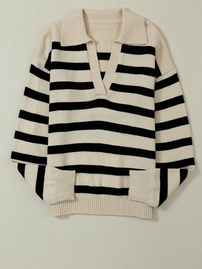 Apricot Striped Knit Collared V Neck Sweater with Drop Shoulder