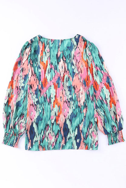 Green Abstract Print V Neck Long Sleeve Blouse for Women
