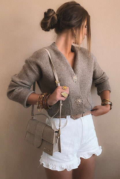 Simply Taupe Sun Goddess Metal Button V Neck Loose Sweater Cardigan