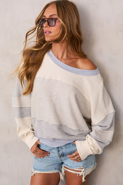 Beige Stripe Round Neck Baggy Pullover Sweatshirt