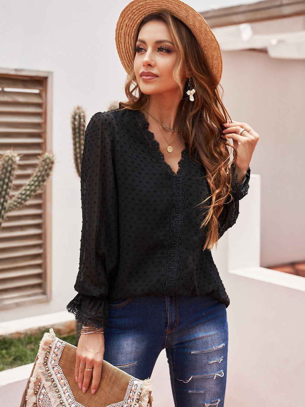 Elegant Swiss Dot Lace Detailed V-Neck Blouse
