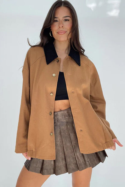 Light French Beige Button Cuff Detail Contrast Collar Patchwork Jacket