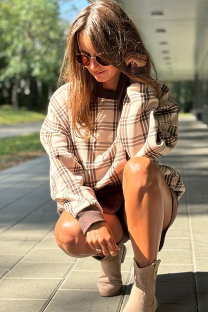 Parchment Plaid Loose Pullover Sweatshirt