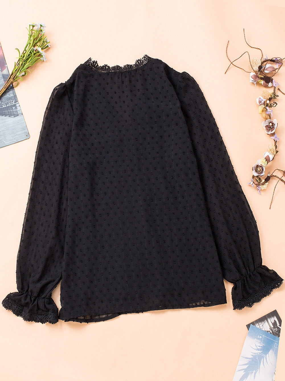 Elegant Swiss Dot Lace Detailed V-Neck Blouse