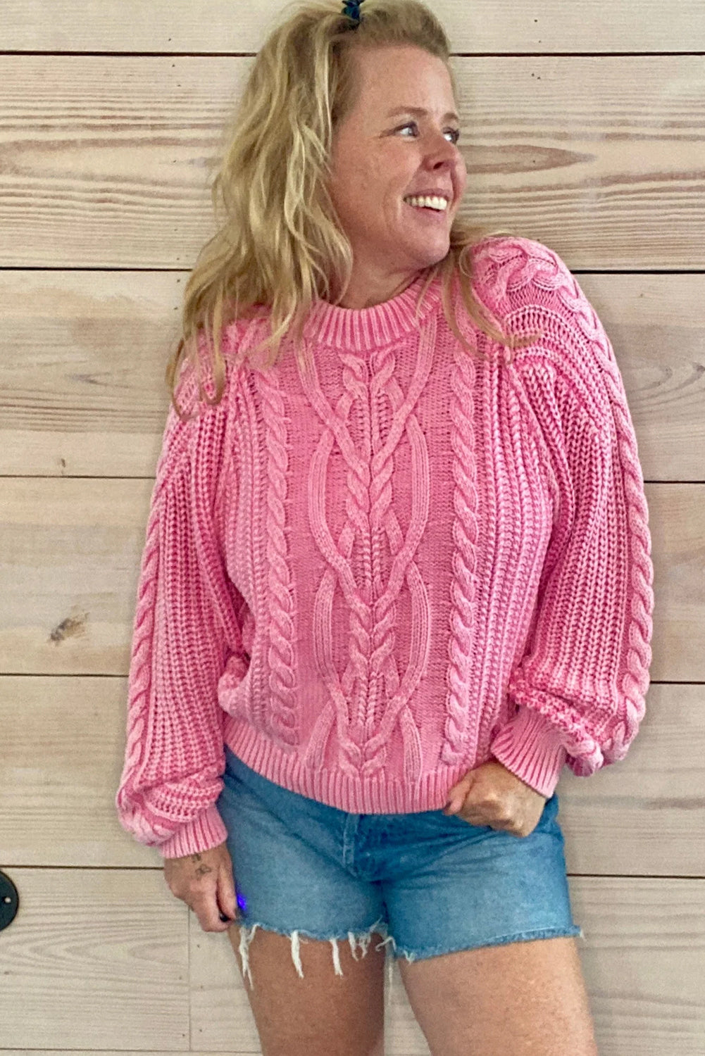 Pink Mineral Wash Cable Knit Raglan Sleeve Loose Sweater