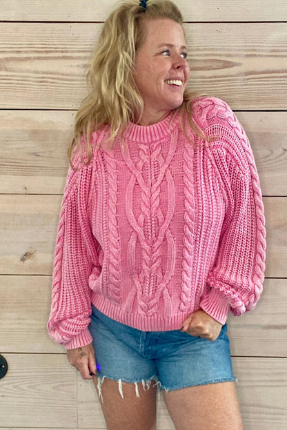 Pink Mineral Wash Cable Knit Raglan Sleeve Loose Sweater