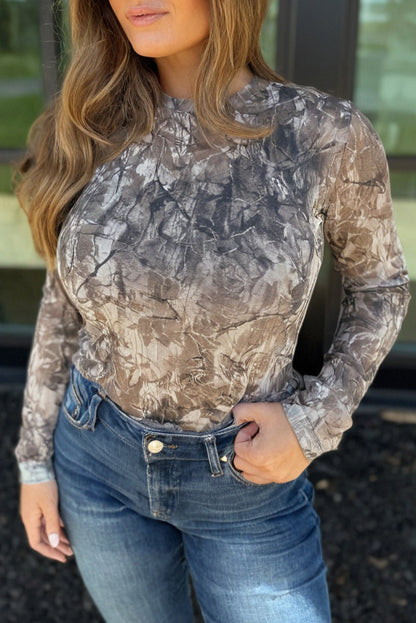 Green Abstract Print Long Sleeve Slim Top