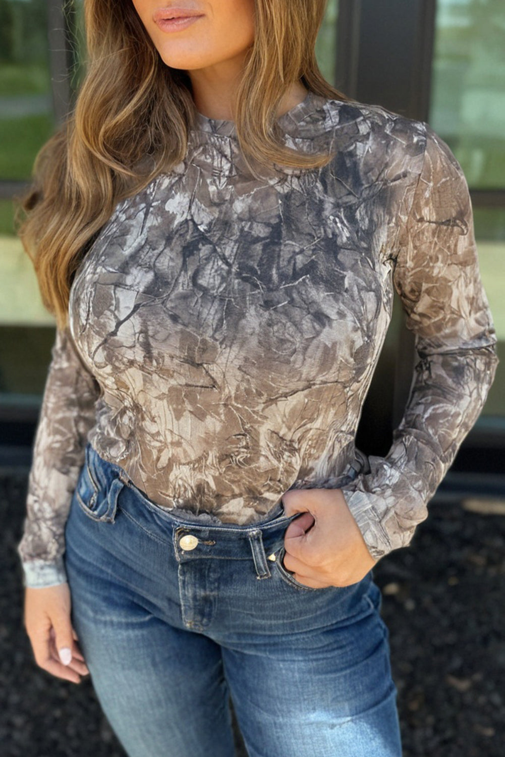 Green Abstract Print Long Sleeve Slim Top