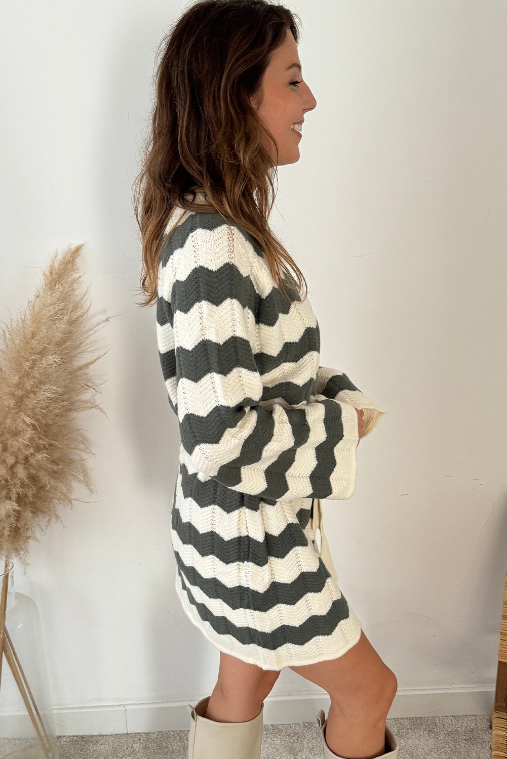 Green Stripe Loose Sleeve Belted Shift Sweater Dress