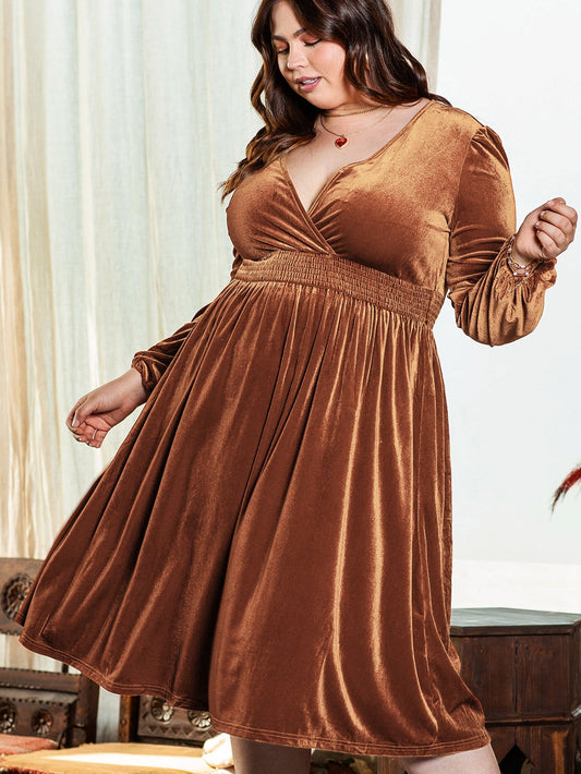 Camel Surplice V Neck Balloon Sleeve Velvet Dress
