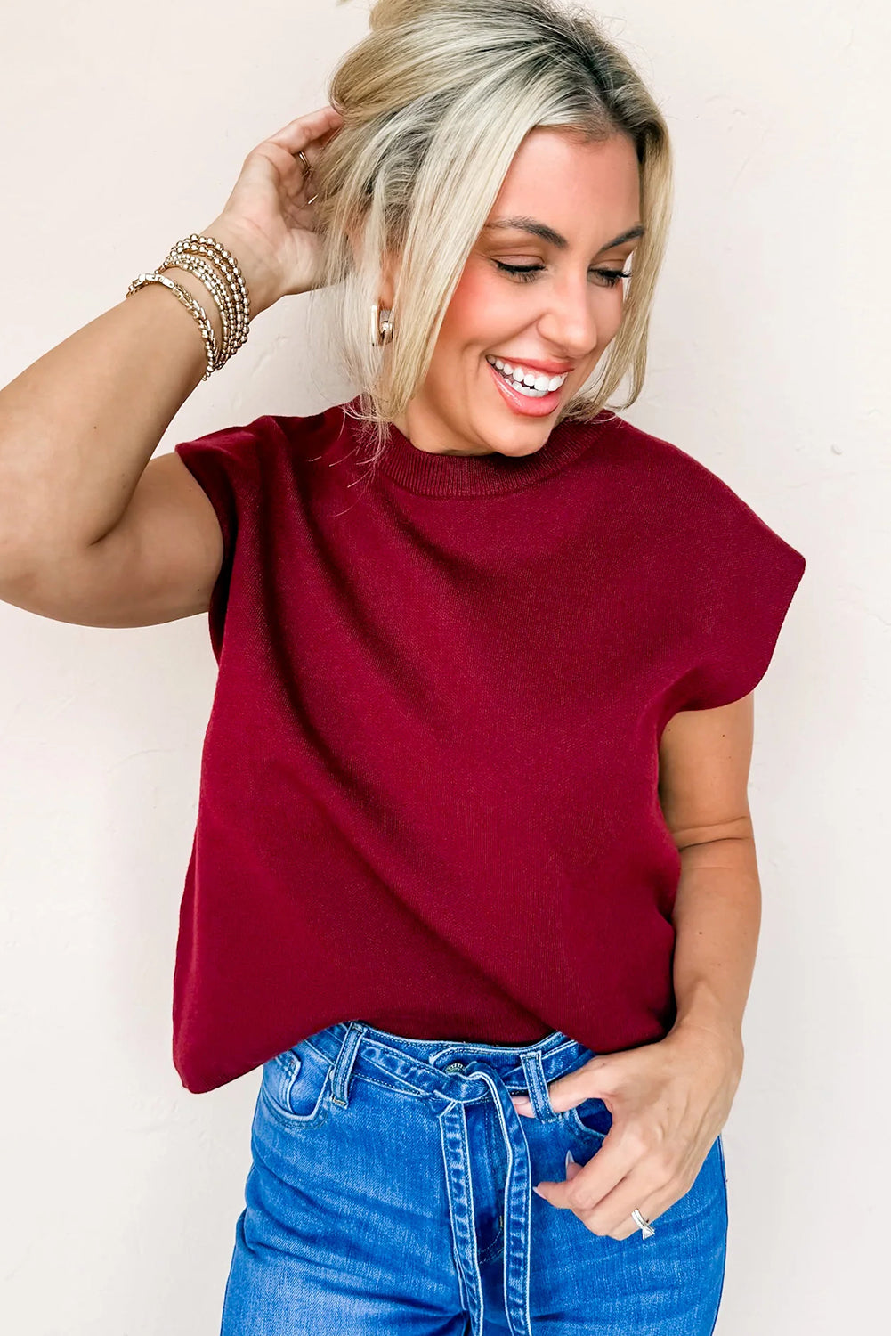 Racing Red Solid Color Crew Neck Knit Cap Sleeve Sweater