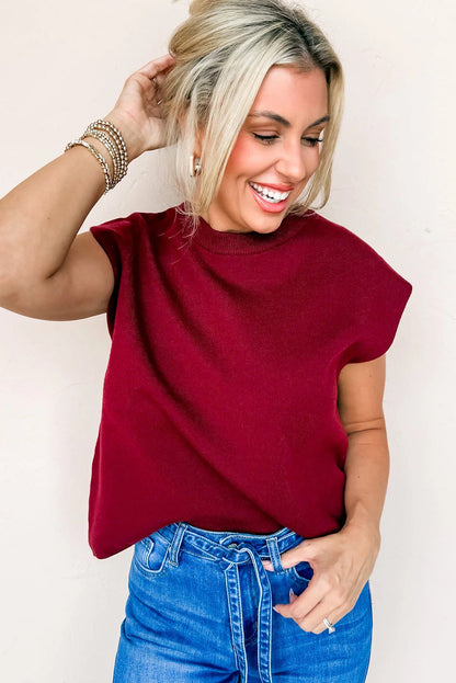 Racing Red Solid Color Crew Neck Knit Cap Sleeve Sweater